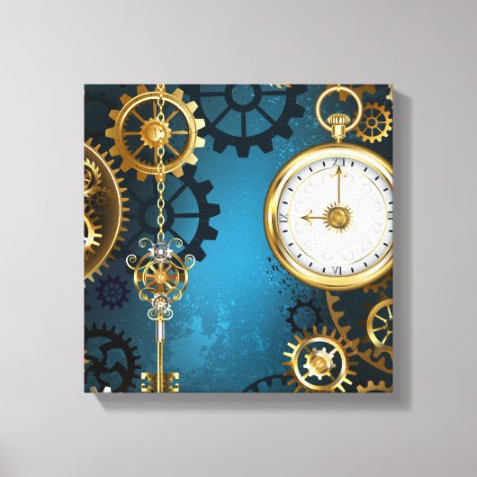 Steampunkターコイズ背景(ギア) キャンバスプリント (正面)
