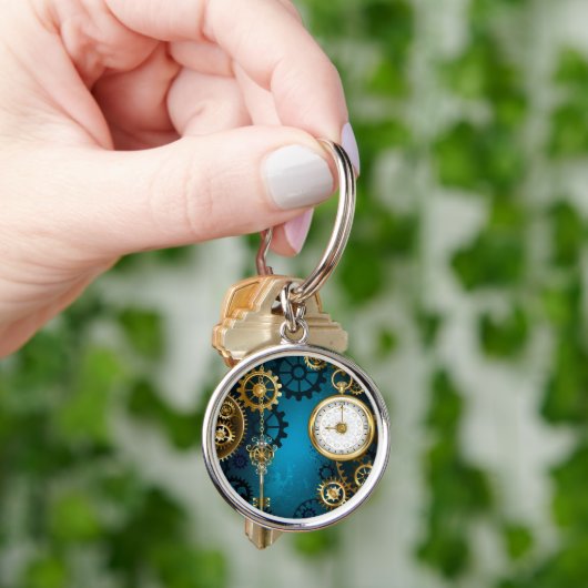Steampunkターコイズ背景(ギア) キーホルダー (手)