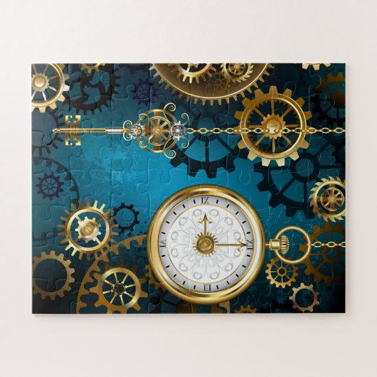 Steampunkターコイズ背景(ギア) ジグソーパズル (横)