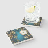 Steampunkターコイズ背景(ギア) ストーンコースター (横)