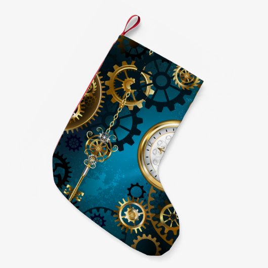 Steampunkターコイズ背景(ギア) スモールクリスマスストッキング (正面 (吊り時))