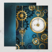 Steampunkターコイズ背景(ギア) セーブザデート (正面/裏面)