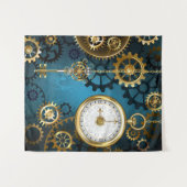 Steampunkターコイズ背景(ギア) タペストリー (正面(横))