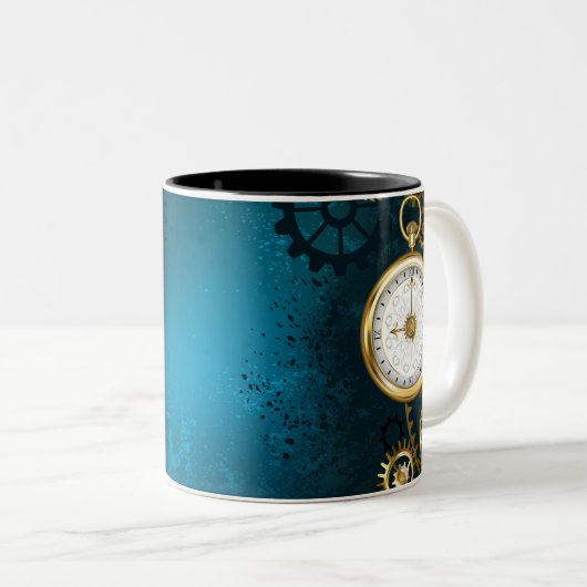 Steampunkターコイズ背景(ギア) ツートーンマグカップ (正面右)