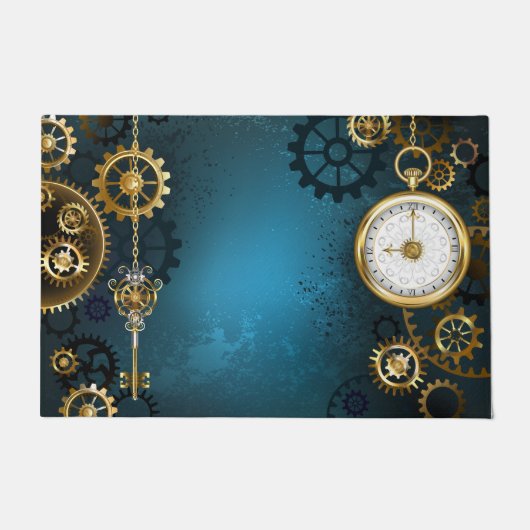Steampunkターコイズ背景(ギア) ドアマット (正面)
