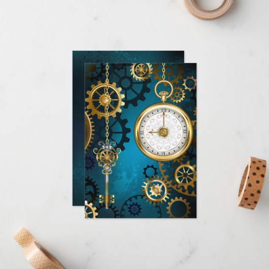 Steampunkターコイズ背景(ギア) ノートカード (正面/裏面インサイチュ)