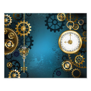 Steampunkターコイズ背景(ギア) フォトプリント