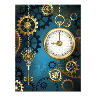 Steampunkターコイズ背景(ギア) フォトプリント