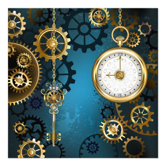 Steampunkターコイズ背景(ギア) フォトプリント (正面)