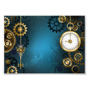 Steampunkターコイズ背景(ギア) フォトプリント