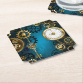 Steampunkターコイズ背景(ギア) ペーパーコースター (アングル)