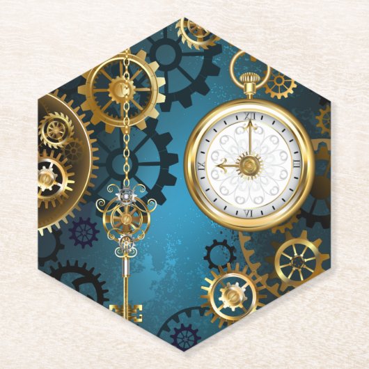 Steampunkターコイズ背景(ギア) ペーパーコースター (正面)