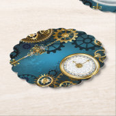 Steampunkターコイズ背景(ギア) ペーパーコースター (アングル)