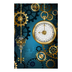 Steampunkターコイズ背景(ギア) ポスター