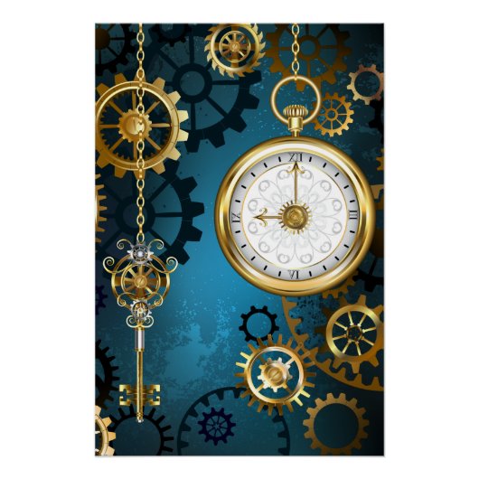 Steampunkターコイズ背景(ギア) ポスター (正面)