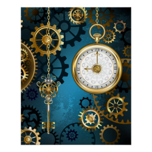 Steampunkターコイズ背景(ギア) ポスター
