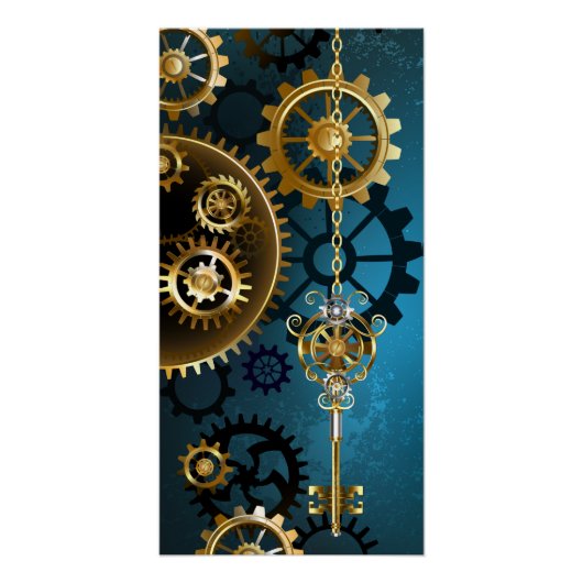 Steampunkターコイズ背景(ギア) ポスター (正面)