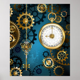 Steampunkターコイズ背景(ギア) ポスター