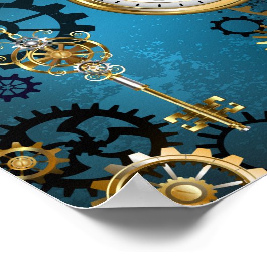 Steampunkターコイズ背景(ギア) ポスター (角)