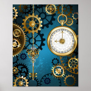 Steampunkターコイズ背景(ギア) ポスター