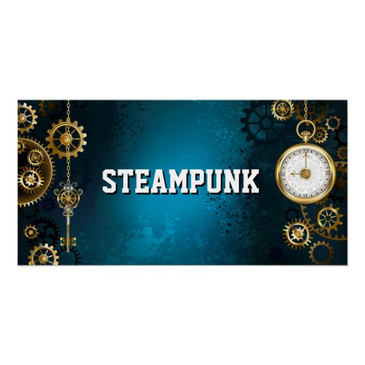 Steampunkターコイズ背景(ギア) ポスター (正面)