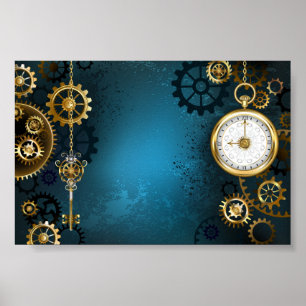 Steampunkターコイズ背景(ギア) ポスター