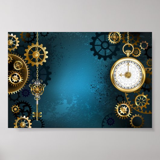Steampunkターコイズ背景(ギア) ポスター (正面)