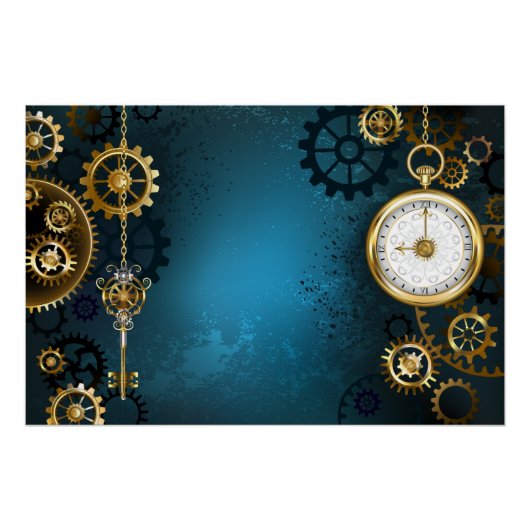Steampunkターコイズ背景(ギア) ポスター (正面)