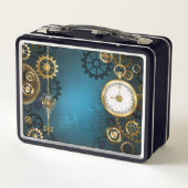 Steampunkターコイズ背景(ギア) メタルランチボックス (裏面)