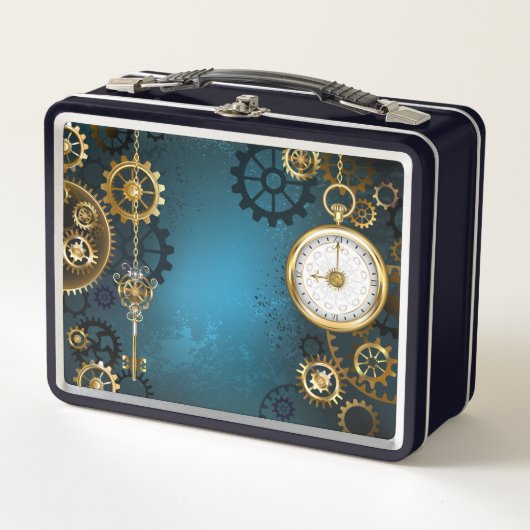 Steampunkターコイズ背景(ギア) メタルランチボックス (正面)