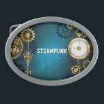 Steampunkターコイズ背景(ギア) 卵形バックル<br><div class="desc">ターコイズ、質感、スチームパンクの背景と真鍮と金ゴールドのギア、銀の鍵と時計。ステームパンクスタイル。</div>