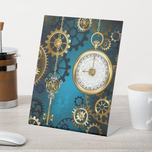 Steampunkターコイズ背景(ギア) 台座サイン (インサイチュ)