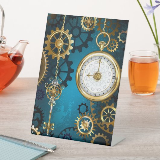 Steampunkターコイズ背景(ギア) 台座サイン (インサイチュ)