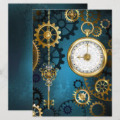Steampunkターコイズ背景(ギア) 案内状 (正面/裏面)