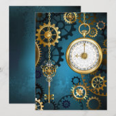 Steampunkターコイズ背景(ギア) 案内状 (正面/裏面)