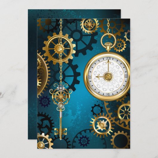 Steampunkターコイズ背景(ギア) 案内状 (正面/裏面)