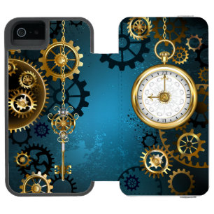 Steampunkターコイズ背景(ギア) iPhone SE/5/5sウォレットケース