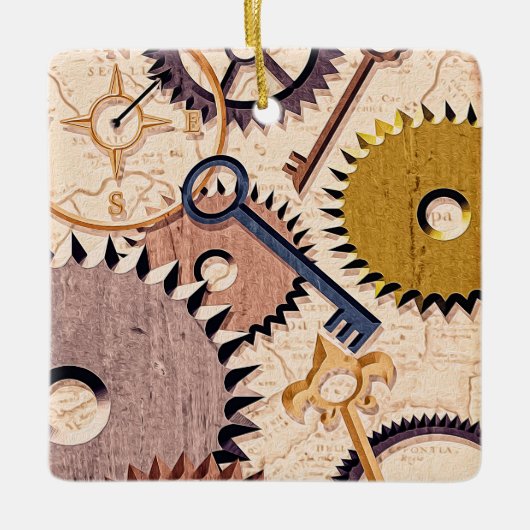 Steampunkホイール、ギア、鍵、旧地図油 絵を描 セラミックオーナメント (正面)