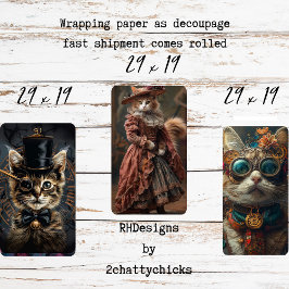 SteampunkヴィンテージCats Decopage Set ラッピングペーパーシート