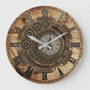 Steampunk工業用時計機械ヴィンテージマップ ラージ壁時計