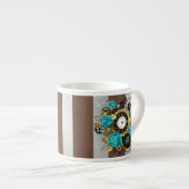 Steampunk時計とターコイズバラオンストライプの エスプレッソカップ (正面右)