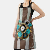 Steampunk時計とターコイズバラオンストライプの エプロン (インサイチュ)