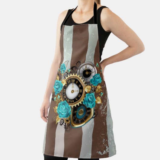 Steampunk時計とターコイズバラオンストライプの エプロン (インサイチュ)