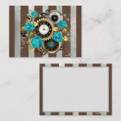 Steampunk時計とターコイズバラオンストライプの エンクロージャーカード (正面/裏面)