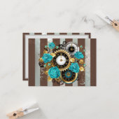 Steampunk時計とターコイズバラオンストライプの カード (正面/裏面インサイチュ)