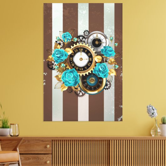 Steampunk時計とターコイズバラオンストライプの キャンバスプリント (インサイチュ (リビング))
