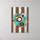 Steampunk時計とターコイズバラオンストライプの キャンバスプリント (正面)