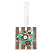 Steampunk時計とターコイズバラオンストライプの キューブオーナメント (正面)