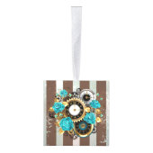 Steampunk時計とターコイズバラオンストライプの キューブオーナメント (右)