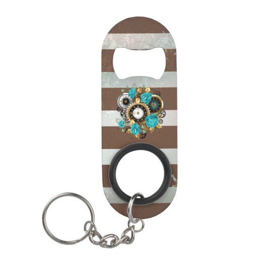 Steampunk時計とターコイズバラオンストライプの キーホルダー栓抜き (正面)